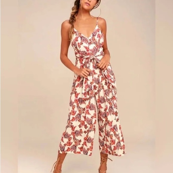 Free People Pants - Free People Hot Tropics Cream Floral Wide Crop Leg Romper Jumpsuit—Size 8